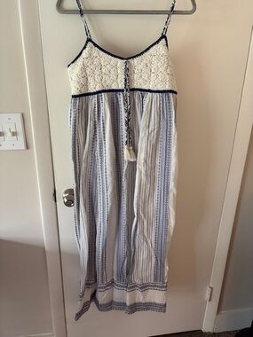 Lucky Brand White and Navy Striped Crochet Maxi Dress